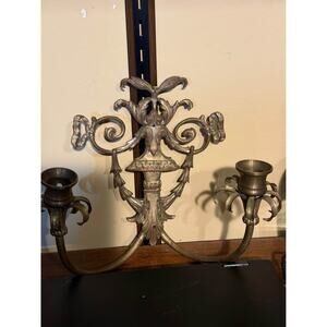 Vintage ornate cast metal two-light candelabra wall sconce